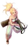  armlet baggy_pants bandeau bare_shoulders blonde_hair blue_eyes bow_(weapon) bracelet breasts chrono_trigger cleavage crossbow hakuga_(haru-akira) jewelry long_hair marle medium_breasts pants ponytail quiver sandals solo strapless toes weapon 