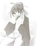  comb earrings fang flat_chest hair_ornament hairclip hand_under_clothes japanese_clothes jewelry kasuga_yukihito kimono monochrome napier navel nipples open_clothes open_kimono panties puffy_nipples sekaiju_no_meikyuu sekaiju_no_meikyuu_3 stick sweat teasing underwear 