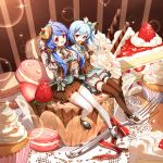  2girls :d bangs bili_girl_22 bili_girl_33 bilibili_douga blue_bow blue_hair blush bow breasts brown_footwear brown_gloves brown_legwear brown_skirt cake center_frills closed_mouth clouble commentary_request doily eating eyebrows_visible_through_hair food fork fruit glint gloves hair_between_eyes hair_ornament highres holding holding_food holding_spoon in_food macaron minigirl multiple_girls open_mouth pleated_skirt puffy_short_sleeves puffy_shorts puffy_sleeves red_eyes shirt shoes short_shorts short_sleeves shorts sitting skirt slice_of_cake small_breasts smile sparkle spoon star strawberry strawberry_shortcake striped striped_background striped_bow thighhighs underbust vertical-striped_background vertical_stripes wafer_stick whipped_cream white_footwear white_gloves white_legwear white_shirt white_shorts 