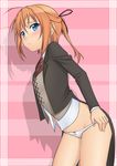  absurdres black_ribbon blue_eyes blush hair_ribbon half_updo highres kai_(link2262) konoe_subaru mayo_chiki! no_pants orange_hair panties ribbon solo underwear undressing 