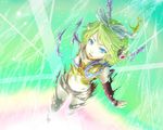  blonde_hair blue_eyes detached_sleeves foreshortening hair_ribbon hamu_no_jin highres kagamine_rin navel ribbon short_hair solo torn_clothes vocaloid 