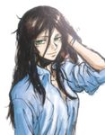  adjusting_hair alice_(wonderland) alice_in_wonderland alice_liddell american_mcgee&#039;s_alice american_mcgee's_alice black_hair blue_shirt ceramic_man daakuman dress_shirt female green_eyes long_hair shirt solo 