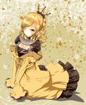  alternate_costume alternate_hairstyle bad_id bad_pixiv_id blonde_hair braid breasts choker cleavage comb curly_hair dress drill_hair gown hair_ornament hairpin highres kneeling large_breasts mahou_shoujo_madoka_magica one_eye_closed smile solo tomoe_mami yellow_eyes yuiyuimoe 