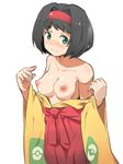  black_hair blush breasts erika_(pokemon) green_eyes gym_leader headband japanese_clothes kimono momogesomaru momogumo nipples off_shoulder pokemon short_hair sketch 