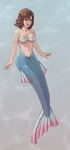  bare_shoulders bikini_top blue_eyes brown_hair female final_fantasy final_fantasy_x green_eyes heterochromia mermaid mermaid_tail midriff monster_girl okiara short_hair solo tail transformation yuna 