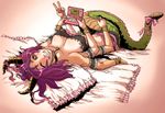  1girl artist_request bare_midriff bed bow bracelet breasts cleavage collar grin highres horns jewelry lamia large_breasts lying marilith medusa monster monster_girl multi_arm multi_limb multiple_arms on_back peace_sign pillow purple_hair scales smile snake_girl snake_tail source_request tail v wink 