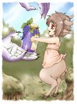  berries brown_hair child claws grass hand hands hooves horns jar jo_hi joka_(hiwai) leaf monster_girl purple_skin red_eyes satyr short_hair size_difference smile standing 