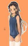  animal_ears bangs black_hair blush brown_eyes bulge coin_rand crossdressing goggles goggles_around_neck long_hair male_focus one-piece_swimsuit orange_background original otoko_no_ko outline school_swimsuit shigeru_(rand) sidelocks simple_background solo striped swimsuit tan thighhighs thighs translation_request vertical-striped_swimsuit vertical_stripes very_long_hair white_legwear zettai_ryouiki 