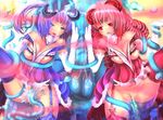  2girls aomidori blush empty_eyes monster multiple_girls slime tentacle 