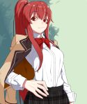  1girl blush elesis_(elsword) elsword eyebrows_visible_through_hair highres long_hair ponytail red_eyes red_hair ribbon school_uniform smile xkxh1674 