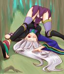  ass dokuna fundoshi japanese_clothes katanagatari long_hair red_eyes sandals solo thighhighs togame upside-down very_long_hair white_hair wince 