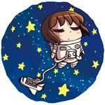  brown_hair chibi closed_eyes hagiwara_yukiho idolmaster idolmaster_(classic) lowres riyo_(lyomsnpmp) short_hair solo space space_craft space_shuttle spacesuit star 