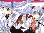  90s gotou_keiji holding_hands hoshino_ruri kidou_senkan_nadesico kidou_senkan_nadesico_-_prince_of_darkness light_smile long_hair long_sleeves multiple_girls official_art silver_hair twintails yellow_eyes 