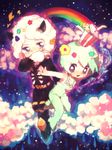  1girl blue_eyes chibi cloud couple foo_fighters fur_hat green_hair hat hetero jojo_no_kimyou_na_bouken mirihiko overalls rainbow short_hair weather_report 