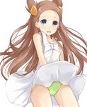  blue_eyes brown_hair dress green_panties kuro_(be_ok) long_hair mikan_(pokemon) panties pokemon pokemon_(game) pokemon_gsc solo two_side_up underwear wind wind_lift 