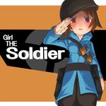  bandolier blush brown_eyes brown_hair english explosive frown genderswap genderswap_(mtf) grenade helmet jacket military military_uniform mr_kunimitsu salute short_hair solo team_fortress_2 the_soldier uniform 