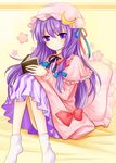  bad_id bad_pixiv_id blush book crescent dress hat long_hair nikoo patchouli_knowledge pillow purple_eyes purple_hair sitting solo touhou 