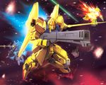  bad_id bad_pixiv_id battle bazooka beam_rifle dual_wielding energy_gun energy_sword explosion gun gundam highres hiro_(hibikigaro) hizack holding hyaku_shiki mecha no_humans oldschool rick_dias space star sword weapon zeta_gundam 