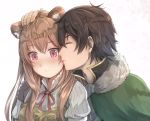  1boy 1girl animal_ear_fluff animal_ears bangs blush brown_hair cheek_kiss cloak closed_mouth commentary eyebrows_visible_through_hair eyes_closed fur-trimmed_cloak fur_trim green_cloak grey_sweater hair_between_eyes hand_on_another&#039;s_head hetero highres hikari_niji iwatani_naofumi kiss long_hair neck_ribbon nose_blush profile raccoon_ears raphtalia red_eyes red_ribbon ribbed_sweater ribbon sweater tate_no_yuusha_no_nariagari upper_body very_long_hair white_background 