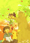  apple apples axew backpack bag black_hair brown_eyes child closed_eyes eyes_closed flower food fruit happy iris_(pokemon) pikachu pokemon pokemon_(anime) pokemon_(game) pokemon_black_and_white pokemon_bw purple_hair randoseru satoshi_(pokemon) smile tree 