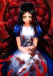  alice_(wonderland) alice_in_wonderland american_mcgee's_alice bad_id bad_pixiv_id blood blood_on_face bookseve chair doll dress green_eyes highres jewelry knife long_hair necklace solo tentacles 