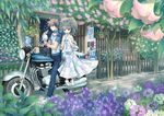  1girl angel's_trumpet animal_ears dress flower ground_vehicle hat kanzaki_hayato kanzaki_miku kuroinu motor_vehicle motorcycle multiple_riders original ramune riding sidesaddle 