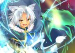  animal_ears armor bad_id bad_pixiv_id cape cat_ears dog_days fang gaul_galette_des_rois lion_tail male_focus open_mouth solo tail tsukumu white_hair yellow_eyes 