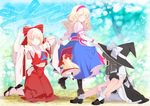  alice_margatroid alice_margatroid_(cosplay) ascot bad_id bad_pixiv_id black_hair blonde_hair bloomers blush bobby_socks bow breasts clog_sandals cosplay costume_switch detached_sleeves dress full_body hair_bow hair_tubes hairband hakama hakurei_reimu hakurei_reimu_(cosplay) hat japanese_clothes kirisame_marisa kirisame_marisa_(cosplay) kneeling loafers medium_breasts midriff multiple_girls navel ofuton_zeb panties pantyhose red_hakama shanghai_doll shoes side-tie_panties sideboob sitting socks touhou underwear white_legwear witch_hat 