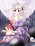  animal_ears bad_id bad_pixiv_id beads bunny bunny_ears chain collarbone cuffs hair_bun hair_ornament japanese_clothes keika_(falier00) kimono long_hair moon original pale_skin prayer_beads red_eyes reishouin sengoku_taisen shackles silver_hair sitting solo white_hair 