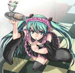  aqua_eyes cake checkered checkered_floor detached_sleeves finger_licking food hatsune_miku headset licking long_hair parfait skirt solo t_shatsu thighhighs tray twintails vocaloid 