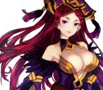  1girl braid breasts cleavage commentary_request detached_collar earrings fire_emblem fire_emblem_heroes hat jewelry jurge large_breasts loki_(fire_emblem_heroes) long_hair nintendo purple_eyes purple_hair simple_background solo upper_body white_background 