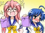  bag blue_hair blush closed_eyes gaketsu glasses green_eyes izumi_konata laughing long_hair lucky_star md5_mismatch mole mole_under_eye multiple_girls paper_bag pink_hair ryouou_school_uniform school_uniform serafuku takara_miyuki tsundere yellow_neckwear 