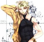  androgynous bad_id bad_pixiv_id blonde_hair dio_brando earrings fusuma_(not_found) headband jacket jewelry jojo_no_kimyou_na_bouken lipstick makeup male_focus red_eyes solo yellow_jacket 