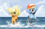  applejack_(mlp) blonde_hair blue_body couple cutie_mark cyan_body duo equine female feral friendship_is_magic frolicking green_eyes hair hasbro horse john_joseco light_blue_body mammal multi-colored_hair my_little_pony orange_body pegasus pink_eyes pony rainbow_dash_(mlp) rainbow_hair sea seaside water wings 