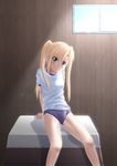  blonde_hair buruma green_eyes gym_storeroom gym_uniform highres indoors long_hair original sitting smile solo takuya_kame twintails vaulting_horse 