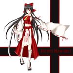  ascot bandages black_hair bow breasts detached_sleeves geta gmot hair_bow hair_tubes hakurei_reimu highres japanese_clothes katana large_breasts long_hair open_mouth red_eyes sideboob solo sword touhou weapon 