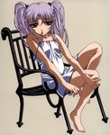  bare_shoulders barefoot brown_background brown_eyes chair chemise feet_on_chair full_body gotou_keiji hoshino_ruri kidou_senkan_nadesico knee_up long_hair lowres purple_hair simple_background sitting solo strap_slip twintails 