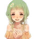  778-go bad_id bad_pixiv_id face flower green_eyes green_hair gumi hair_flower hair_ornament hands short_hair simple_background solo tears vocaloid 