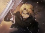  action battle blocking blonde_hair braid clenched_teeth coat edward_elric fullmetal_alchemist gloves long_hair male_focus maruki_(punchiki) ponytail solo sparks teeth yellow_eyes 