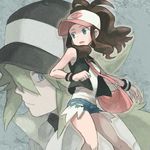  1girl bag baseball_cap blue_eyes brown_hair green_hair hat long_hair n_(pokemon) pokemon pokemon_(game) pokemon_bw ponytail shorts touko_(pokemon) vest wristband yapo_(mess) 