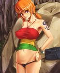  bangle bangs black_panties bracelet breasts collarbone covered_nipples cowboy_shot groin halter_top halterneck highres jewelry large_breasts lips log_pose looking_at_viewer lowleg lowleg_panties nami_(one_piece) navel no_pants one_piece one_piece:_strong_world orange_hair outdoors panties parted_lips partially_visible_vulva pubic_hair pubic_hair_peek red_eyes rock shirt short_shorts short_twintails shorts shorts_removed smile solo strapless taono_kinoko tattoo taut_clothes taut_shirt thong tubetop twintails underwear 