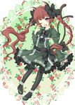  animal_ears black_legwear bow braid cat_ears cat_tail dress fang flower green_dress hair_bow hand_on_own_face harukaruha highres kaenbyou_rin multiple_tails nekomata one_eye_closed open_mouth pantyhose pink_eyes red_flower red_hair red_rose rose solo tail touhou twin_braids 