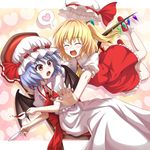  :d :o ^_^ ascot bat_wings blonde_hair blue_hair blush chair closed_eyes cup fangs flandre_scarlet glomp hat hat_removed headwear_removed heart hug mount_whip multiple_girls open_mouth outstretched_hand red_eyes remilia_scarlet shirt short_hair siblings side_ponytail sisters skirt skirt_set smile speech_bubble spilling spoken_heart tackle tea teacup touhou wings 