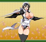  apron black_hair black_legwear blade blue_eyes blush breasts choker cleavage hair_ornament hairclip iroha_(samurai_spirits) large_breasts maid_headdress nipples panties raven_(artist) samurai_spirits short_hair snk solo thighhighs underwear 