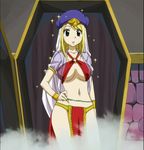  arabian_clothes blonde_hair blush breasts brown_eyes cleavage coffin dancer fairy_tail large_breasts loincloth long_hair lucy_heartfilia midriff no_bra solo 