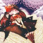 bad_id bad_pixiv_id bat_wings dress frilled_dress frills gloves haicha hat highres parasol petals petticoat pink_hair red_eyes remilia_scarlet smile solo too_many too_many_frills touhou umbrella wings 