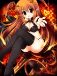  black_legwear blush breasts brown_eyes brown_hair cleavage crossed_legs demon_girl demon_tail fang head_wings long_hair lord_of_vermilion medium_breasts ooji_cha open_mouth outstretched_arm outstretched_hand pointy_ears sitting solo succubus succubus_(lord_of_vermilion) tail thighhighs 