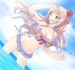  :d atelier_(series) atelier_meruru bikini crown day dutch_angle frilled_bikini frills fura half_updo long_hair merurulince_rede_arls mini_crown one_eye_closed open_mouth pink_hair shading_eyes sky smile solo swimsuit wading yellow_bikini 