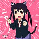  animal_ears black_hair blush_stickers brown_eyes cat_ears cat_tail fang k-on! kimineri long_hair lowres nakano_azusa open_mouth ribbon skirt solo tail translated twintails 