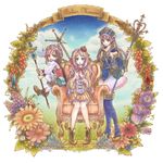  atelier_(series) atelier_meruru bare_legs blue_eyes blue_footwear blue_sleeves boots brown_eyes brown_hair copyright_name crown flower hat highres long_hair merurulince_rede_arls multiple_girls nanase_shie pink_hair rororina_fryxell skirt smile staff totooria_helmold yellow_skirt 